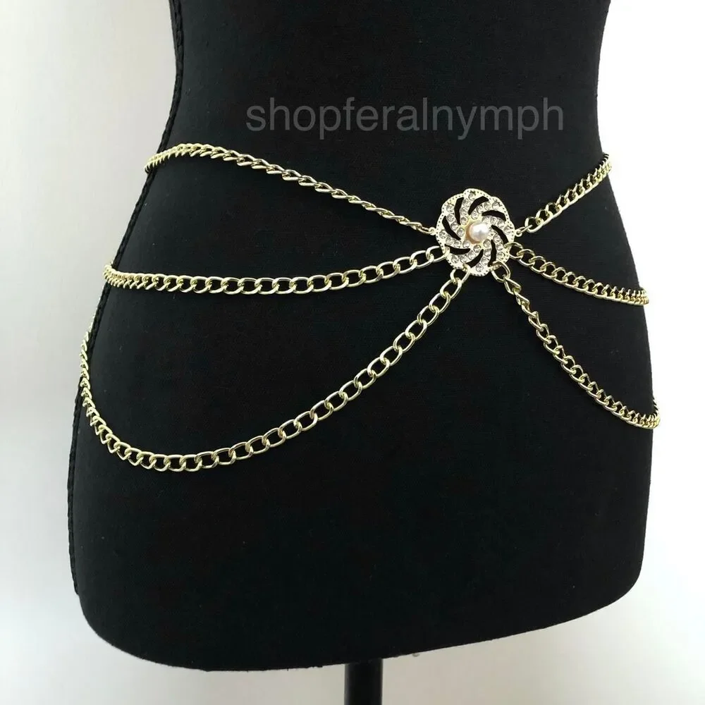 Coquette Gold Rhinestone Pearl Draped Chain Belt, Fits 28–41 Inches, X7GA1186